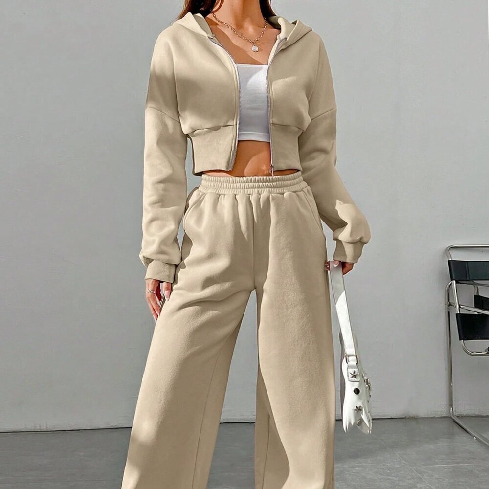 Khaki Casual Women's Zipper Front Hoodie And Pants Two Piece Set - Picture 3 of 7